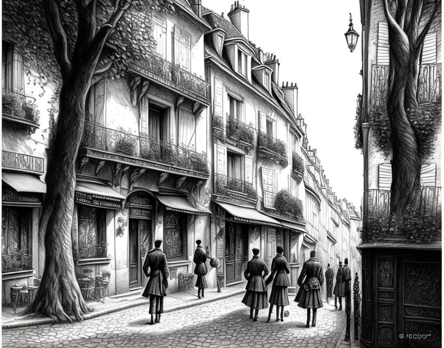 Monochrome illustration of charming street with people and traditional buildings