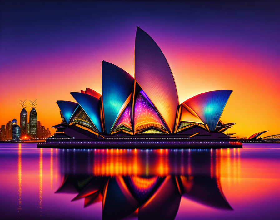 Iconic Sydney Opera House Sunset Scene with Orange Sky & Water Reflections
