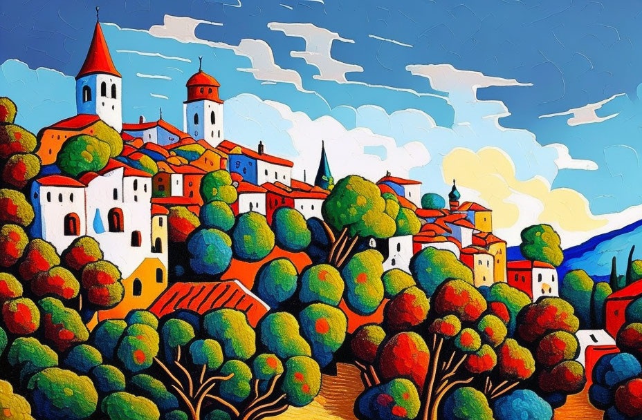 Vibrant painting of town with churches, autumn trees, and blue sky