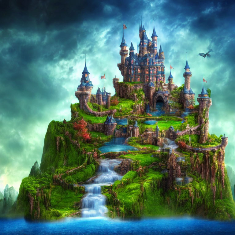 Fantastical castle with spires on lush island under dramatic sky