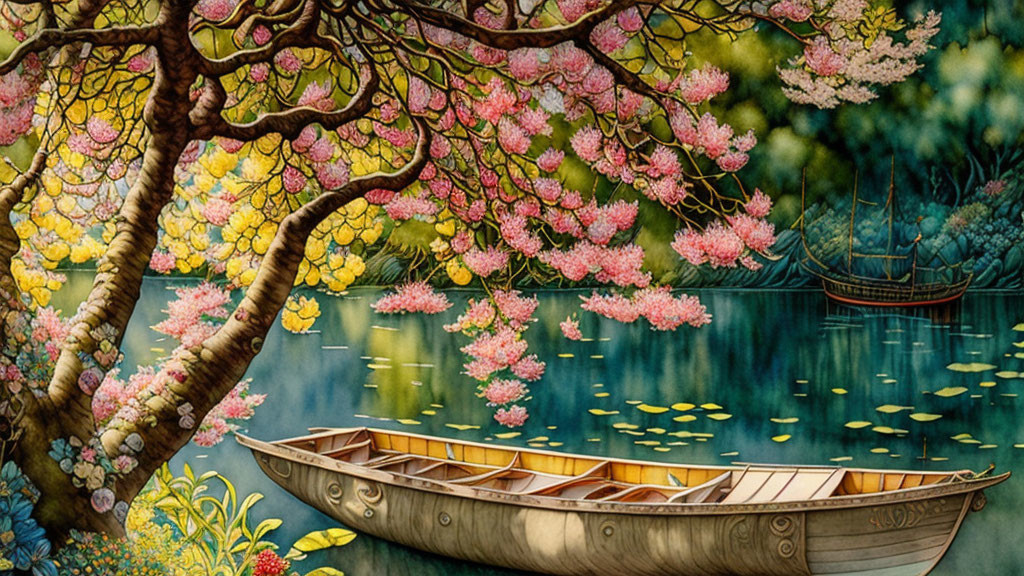 Tranquil wooden rowboat under blossoming tree by calm river