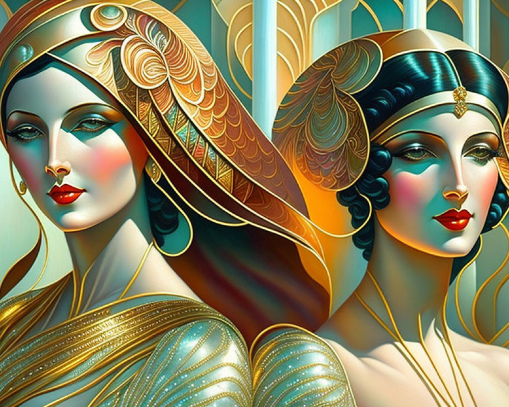 Art Deco Style Illustrations of Women with Elaborate Hairstyles & Gilded Clothing