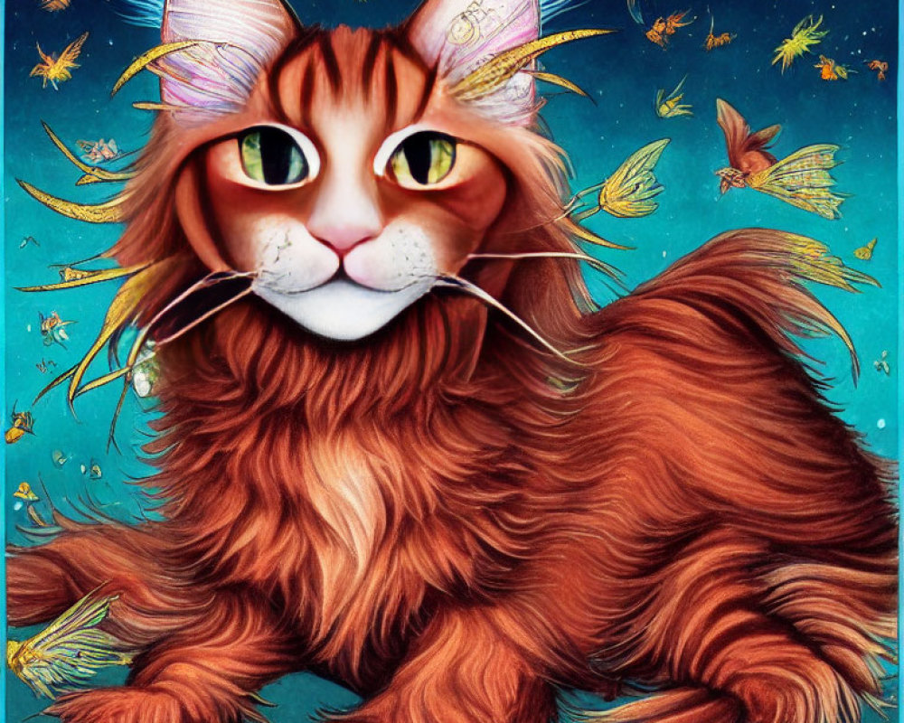 Digital Art: Long-Haired Orange Cat with Humanoid Face and Green Eyes on Blue Background