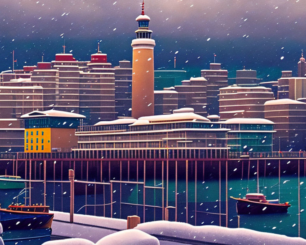 Snowy coastal city night scene with lighthouse, boats, and snow-covered buildings