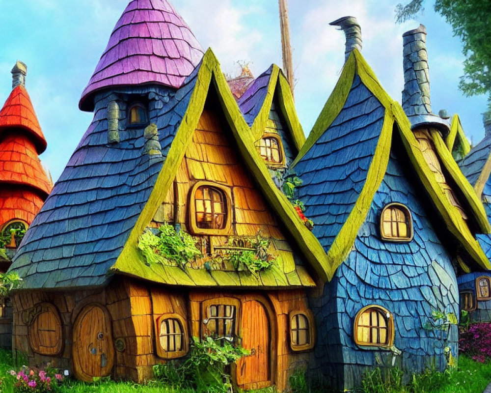 Vibrant fairytale cottages in lush greenery under bright sky