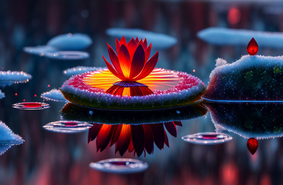 Digital artwork: Stylized lotus flower on water with frosty lily pads