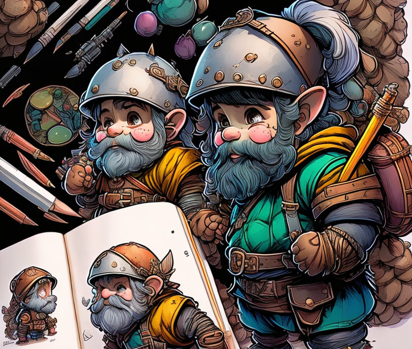 Fantasy armored dwarves with sketchbook and potion flasks.