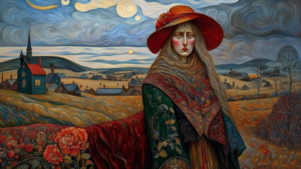 Colorful Woman in Elaborate Attire Against Stylized Landscape