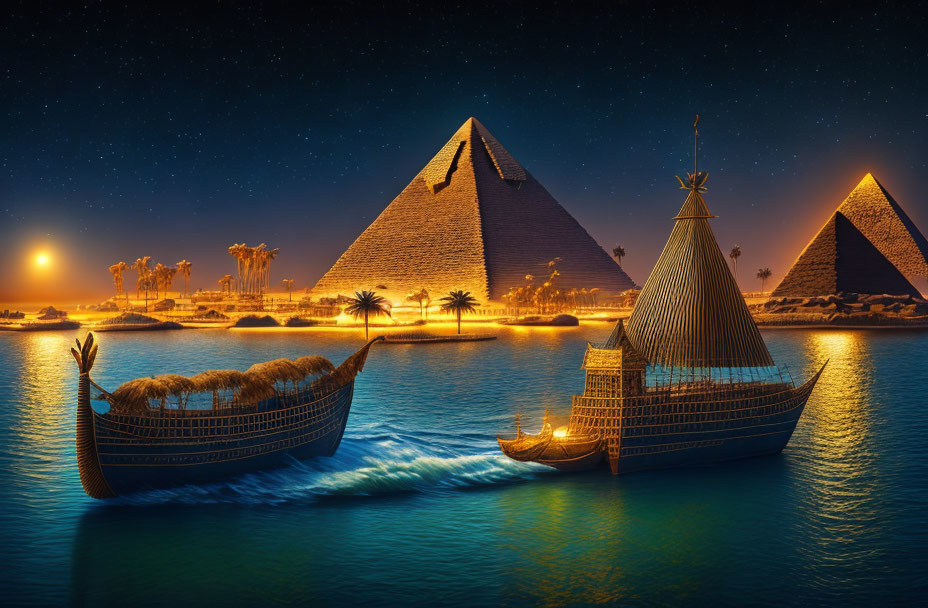 Egyptian pyramids, Nile sailboat, palm trees, starry sky at night