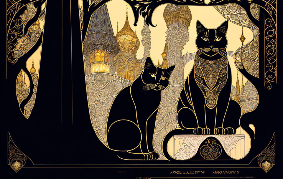 Art Nouveau Style Illustration of Stylized Black Cats in Gold and Black Palette