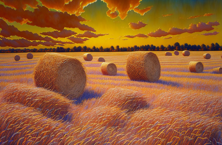 Scenic landscape with golden hay bales under orange and blue sunset.