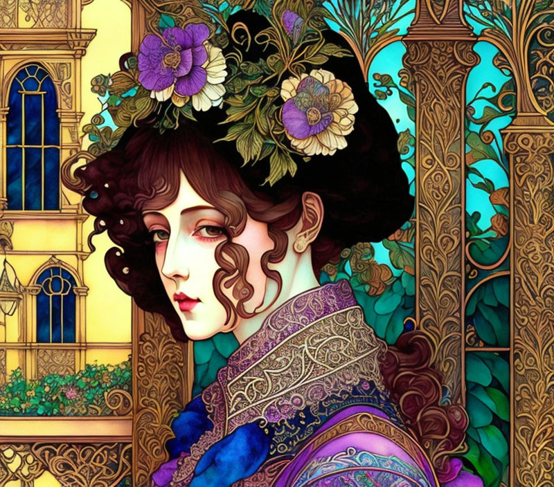 Curly brown-haired woman with purple flowers in Art Nouveau setting