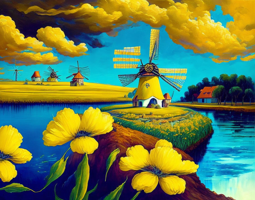 Dutch landscape painting with windmill, river, colorful houses, and yellow flowers