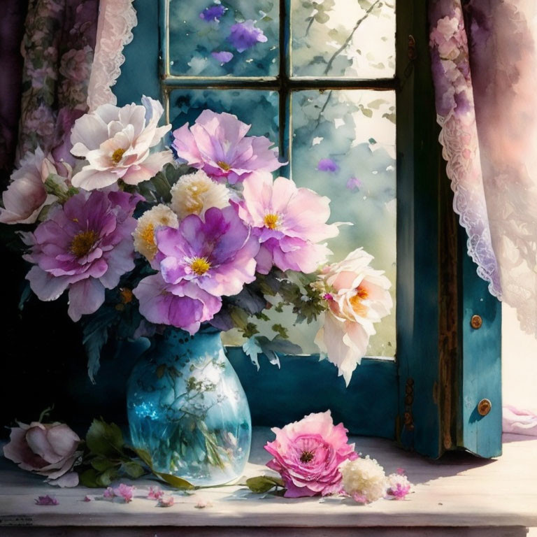 Delicate pink and white flowers in a translucent vase by lattice window