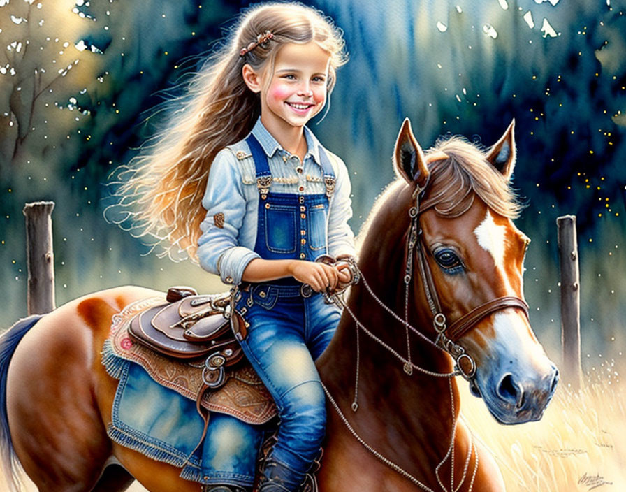 Young girl in denim outfit smiling on brown horse in tree-filled background