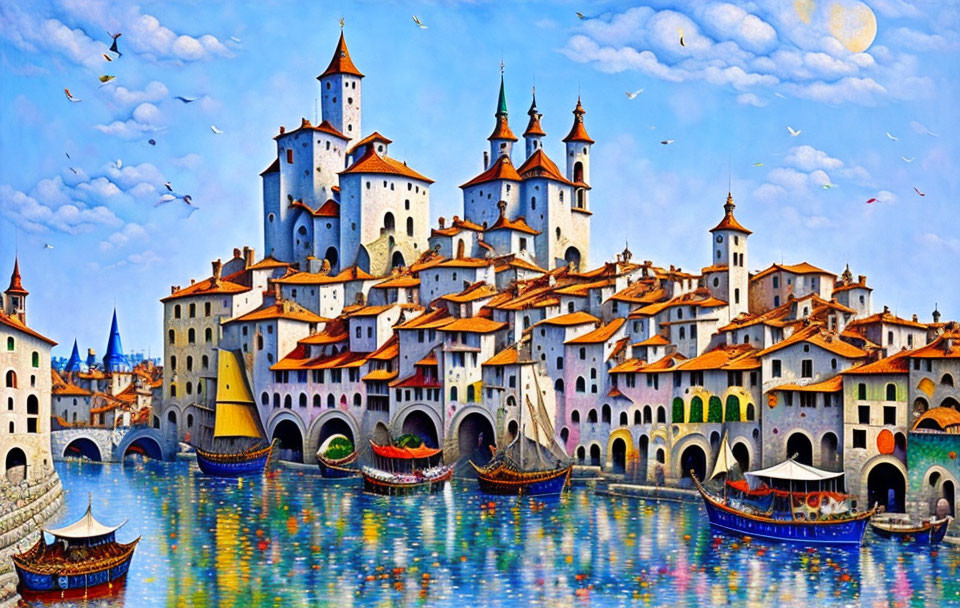 Colorful Painting: Whimsical Castle Town with Boats, Birds, and Clear Sky