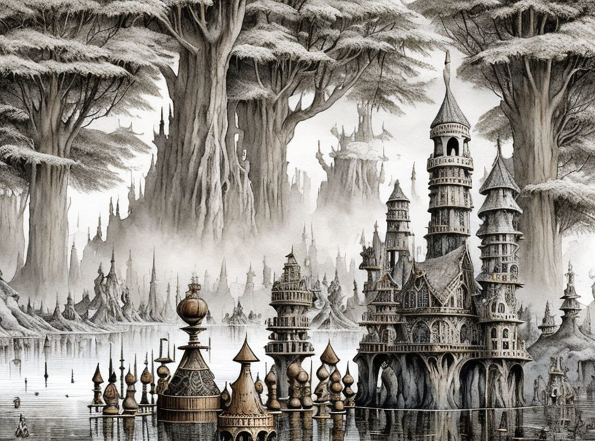 Detailed Monochromatic Fantasy City Illustration with Medieval Architecture