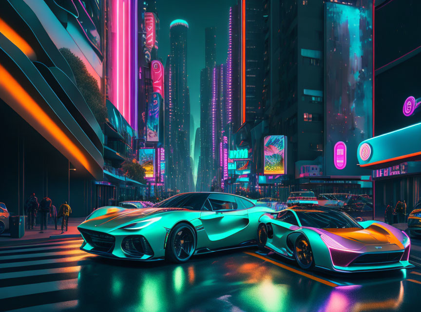 Futuristic neon-lit cityscape with sports cars on busy night street