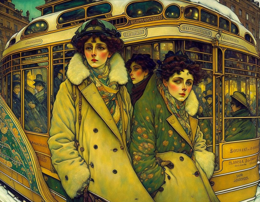 Art Nouveau Style Painting Featuring Three Elegantly Dressed Women
