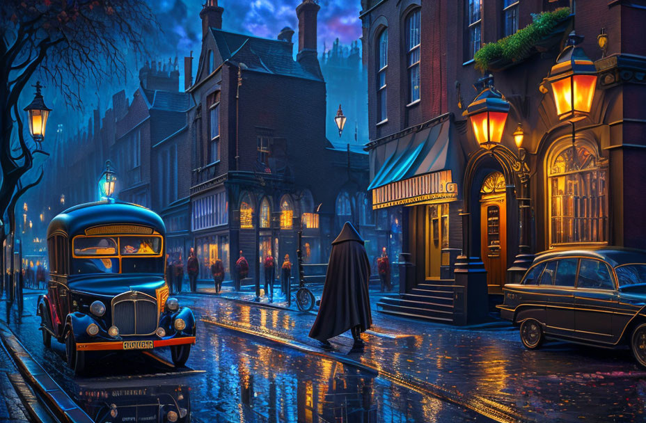 Vintage city street scene with classic cars, illuminated lamps, and cloaked figure.