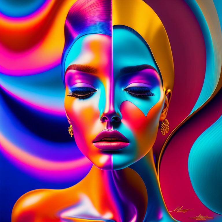 Colorful digital artwork: Woman's face split with vibrant patterns