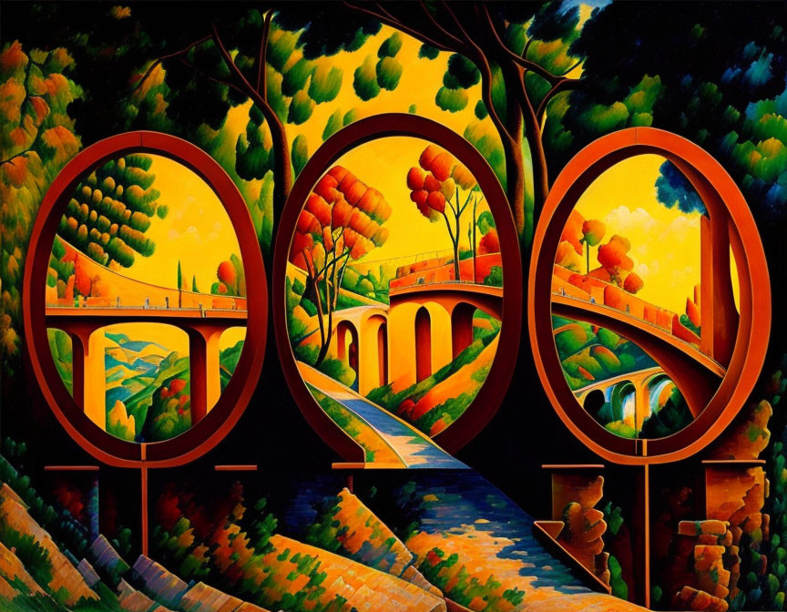 Surreal landscape painting with circular frames of trees, bridge, and river in warm sunset colors