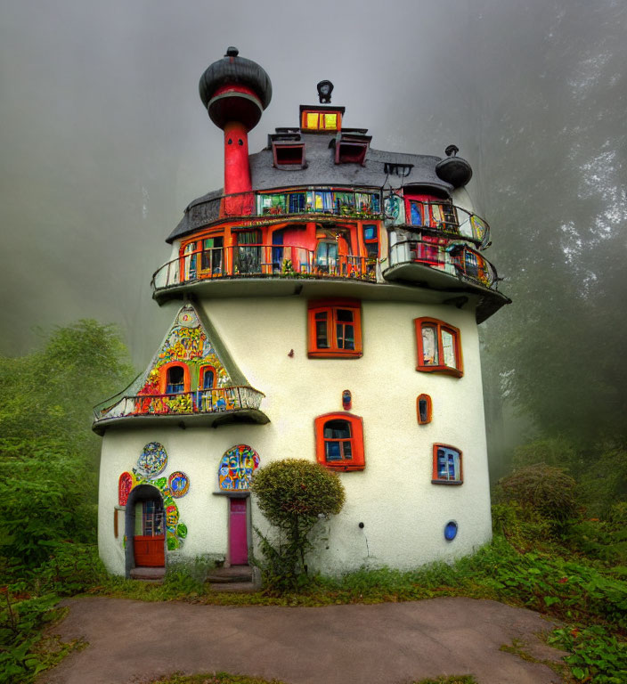 Whimsical multi-story house with turret and colorful decorations in misty forest