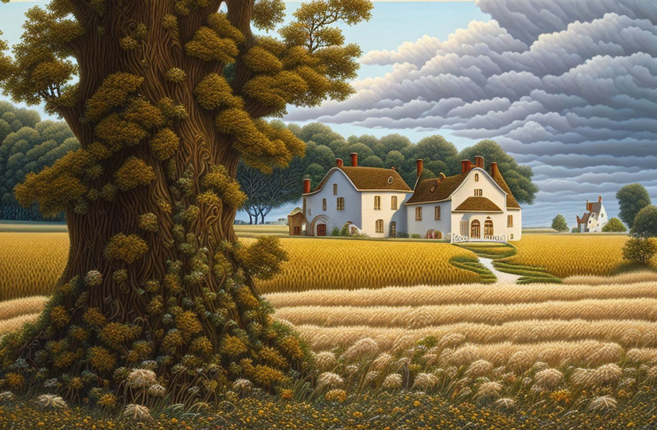 Tranquil landscape with tree, wheat fields, and houses under cloudy sky