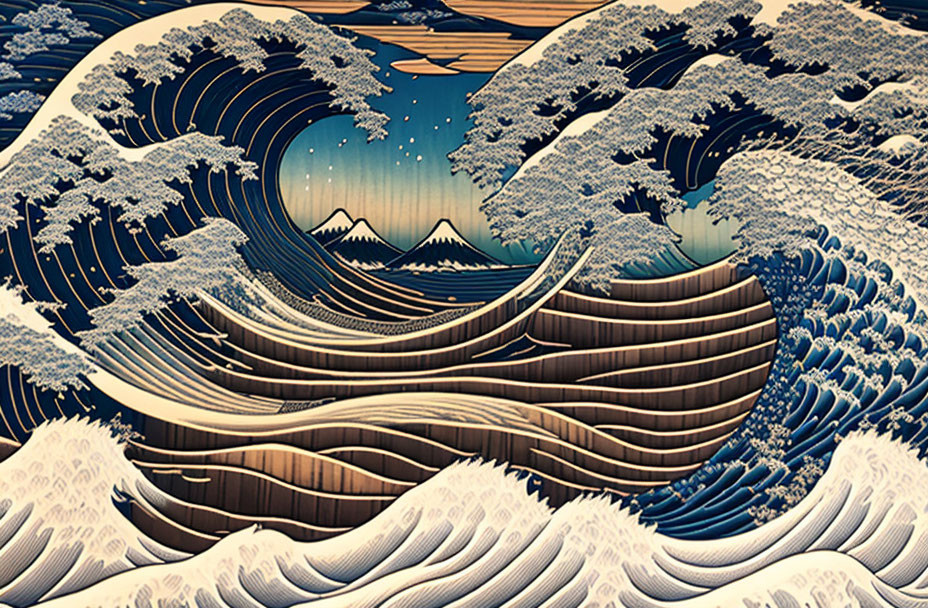 Intricate wave pattern crashing with Mount Fuji and starry sky