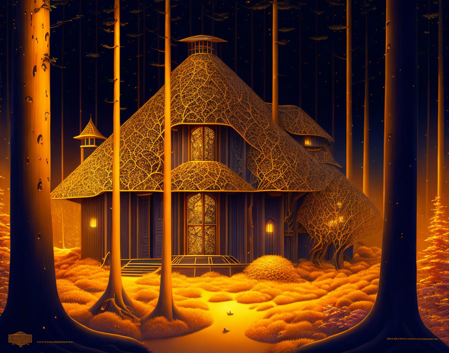 Intricate treehouse digital art in amber forest