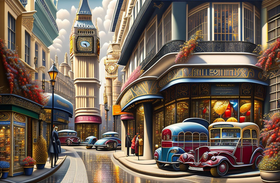 Vintage cars, buses, shops, and clock tower in cityscape illustration