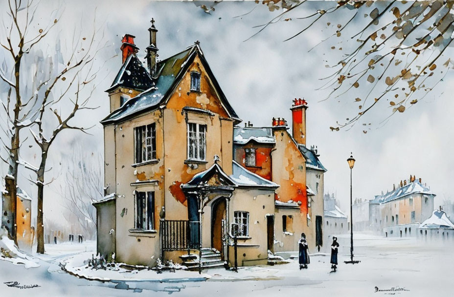 Orange House with Red Roof in Snowy Scene with People and Street Lamp