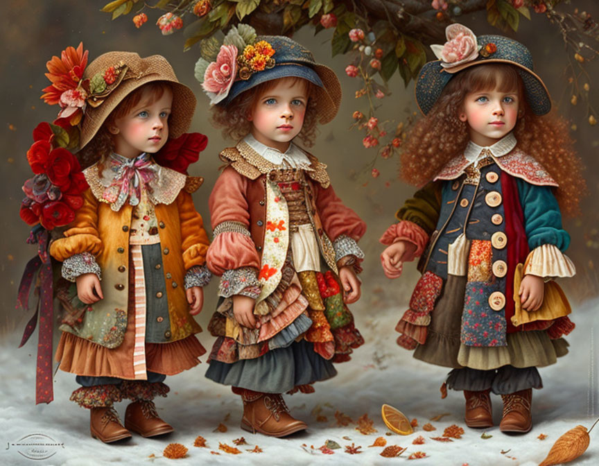 Three dolls in vintage autumn outfits with floral hats and frilly dresses amidst fallen leaves