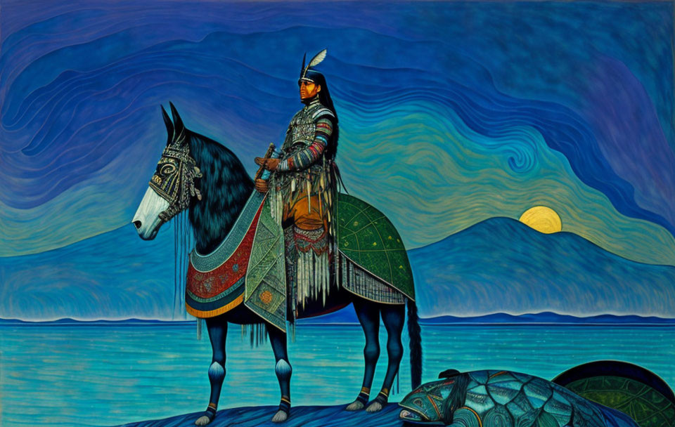 Warrior in elaborate armor on horse by water under twilight sky