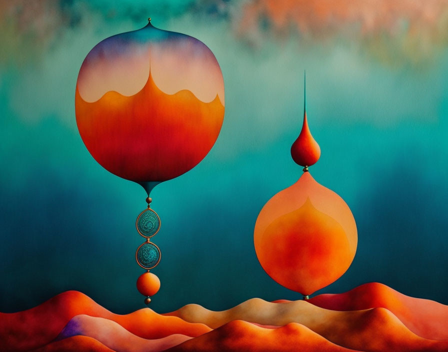 Abstract art: Balloon-like objects over desert landscape