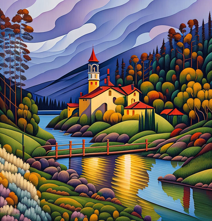 Colorful Landscape with Church by Lake and Patterned Trees