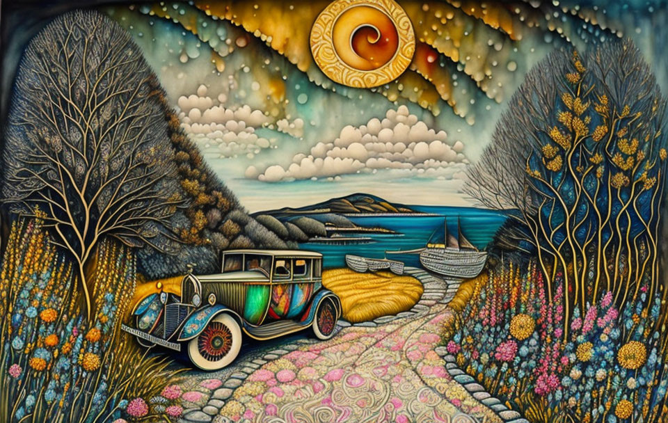 Vintage Car on Patterned Path by Sea with Stylized Trees and Whimsical Sky