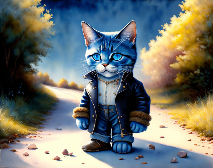 Blue Cat in Leather Jacket Surrounded by Autumn Trees