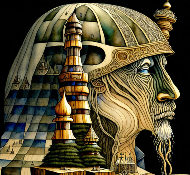 Fantastical illustration of wise, bearded face with elaborate castle-like helmet.