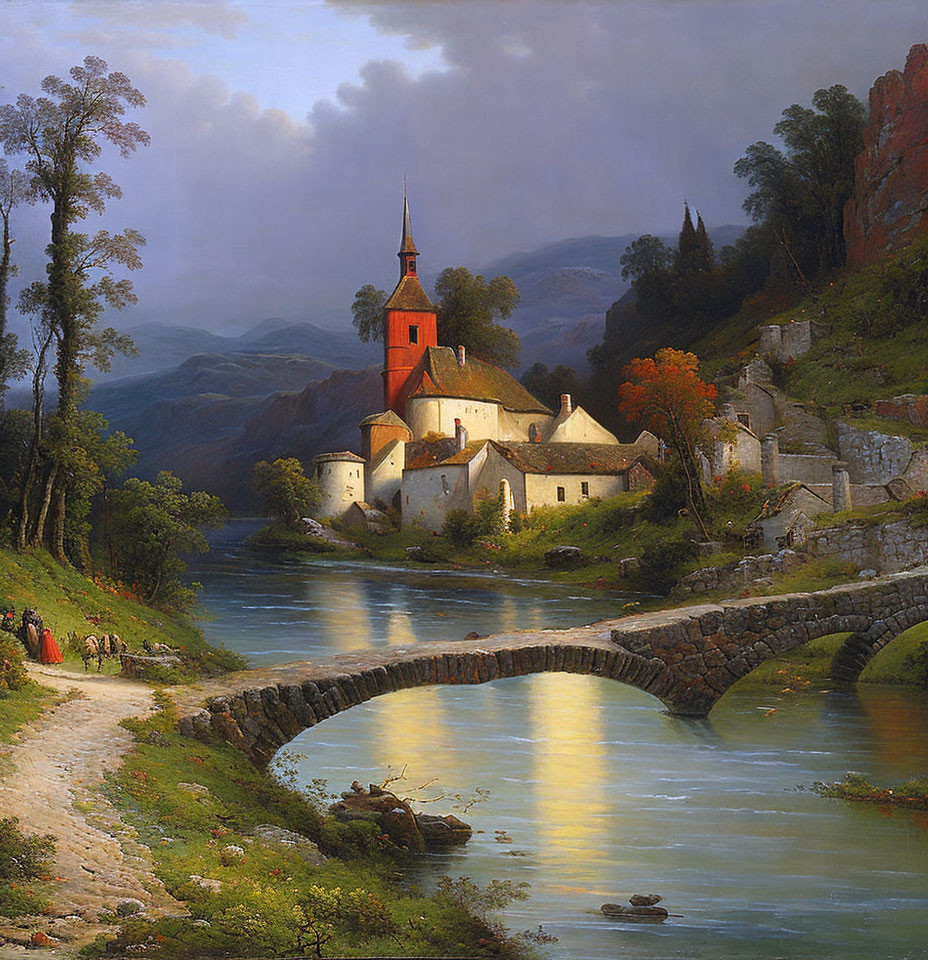 Tranquil landscape painting of village with red-roofed church, stone bridge, river, trees