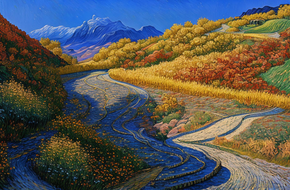 Colorful landscape painting with curving path and mountain backdrop