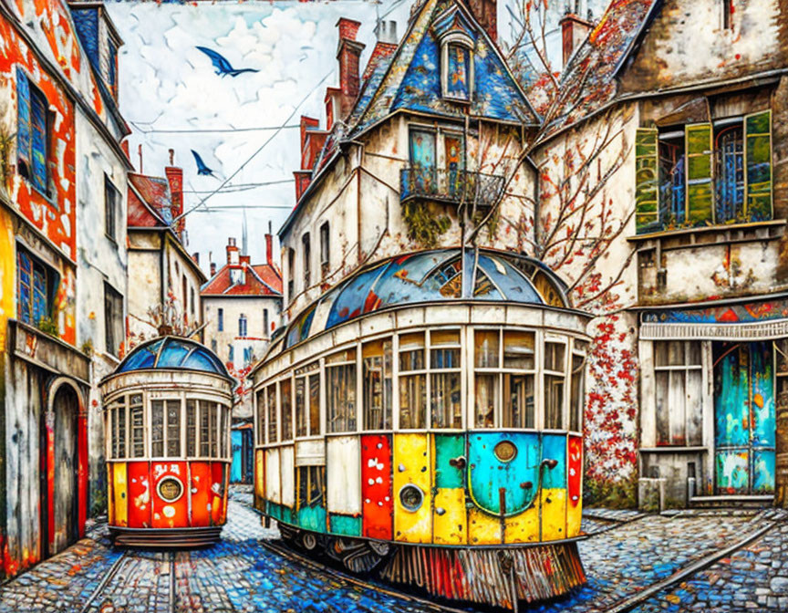 Vibrant village scene: colorful trams, artful buildings, cobblestone street