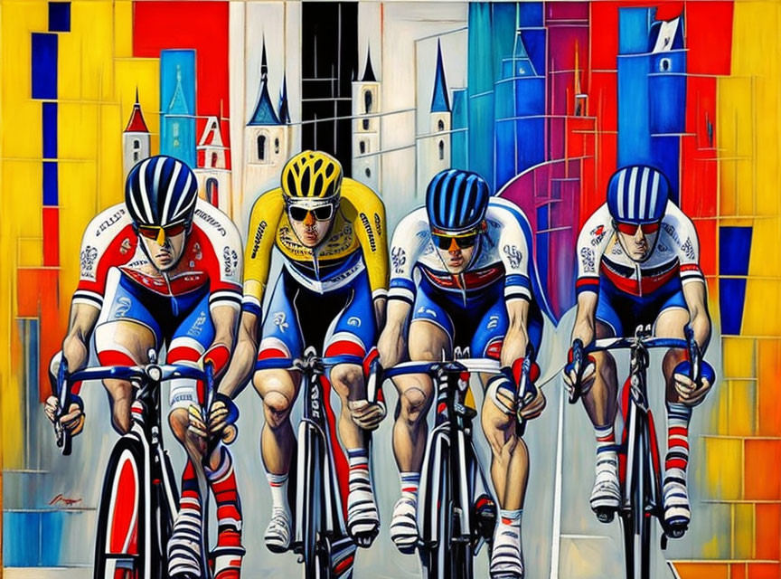 Colorful Cyclist Racing Artwork Against Geometric Cityscape