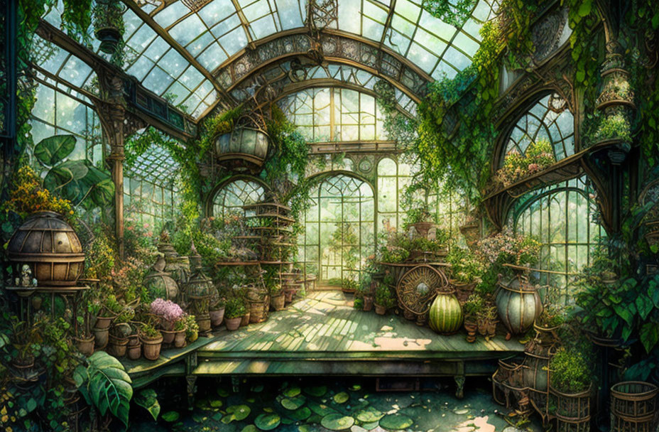 Sunlit Glass Greenhouse Filled with Lush Greenery, Hanging Baskets, and Pond