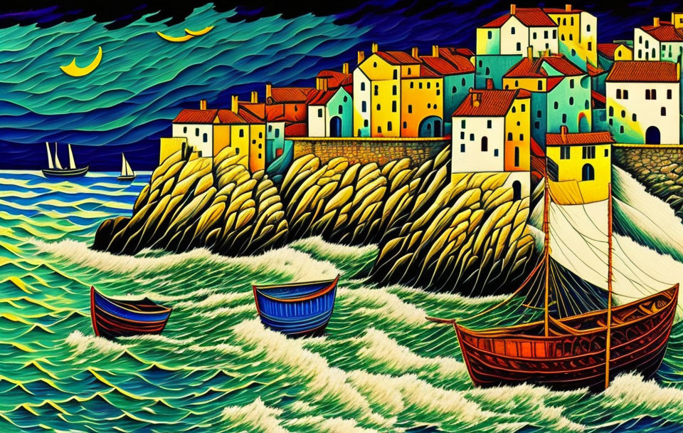 Colorful coastal village artwork with cliffs, sea, boats, and crescent moon