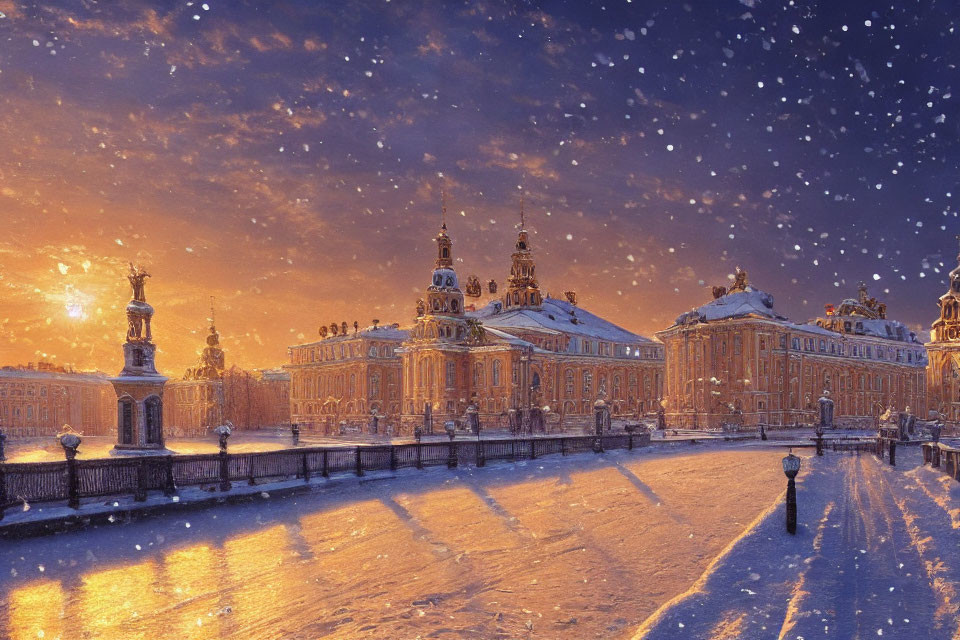 Baroque-style palace with ornate towers in snowy sunset scene