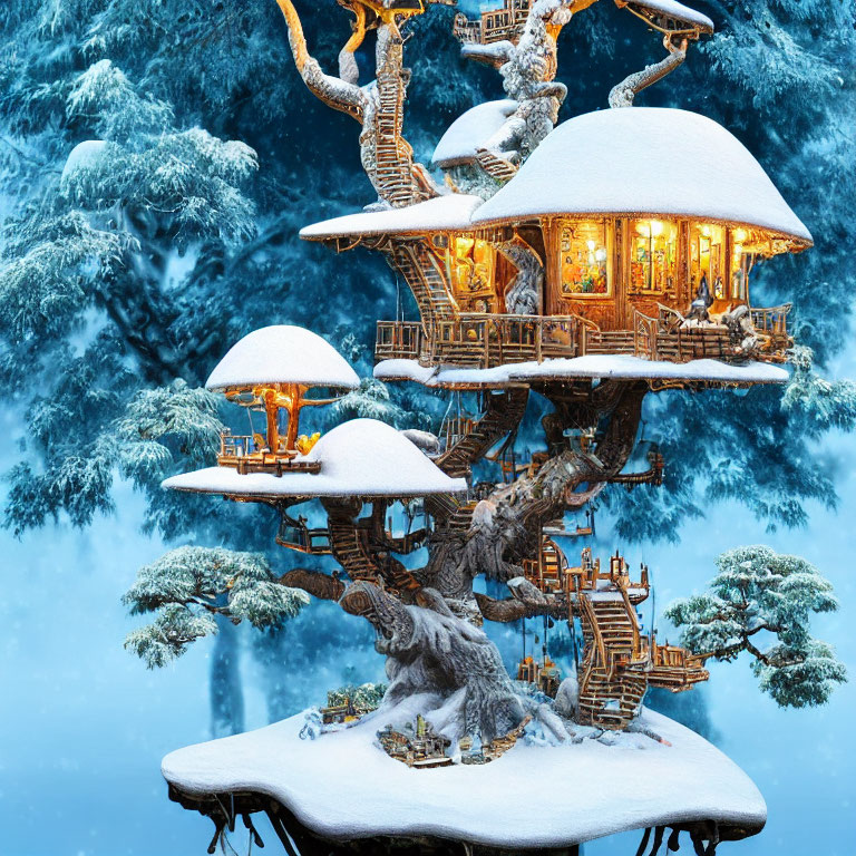 Snow-covered treehouse with warmly lit windows in tranquil winter scene