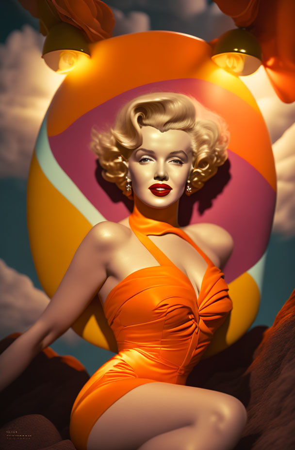 Colorful portrait of woman in orange dress with Hollywood glamour aesthetic