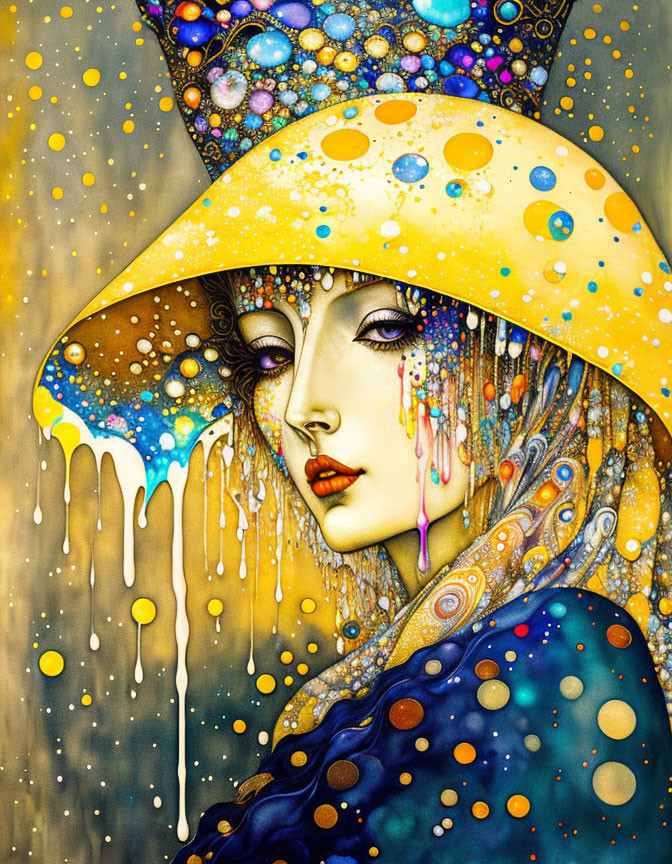 Colorful portrait of woman with melting hat & intricate patterns