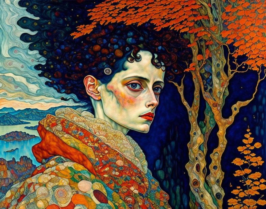 Colorful painting of person with pale skin and dark hair among autumn leaves in surreal landscape